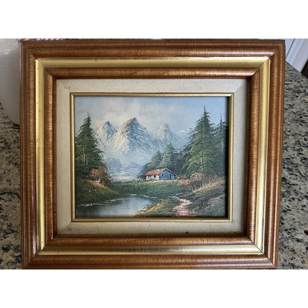 vintage original oil painting on canvas featuring a mountain landscape Signed